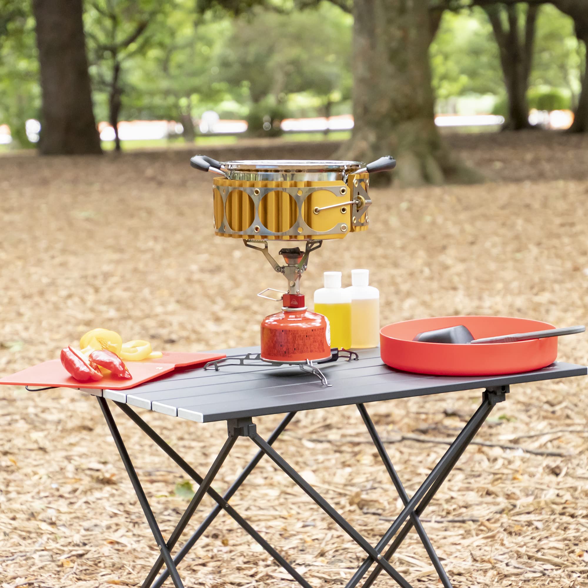 MSR Heat Exchanger used as wind blocker on remote burner stove