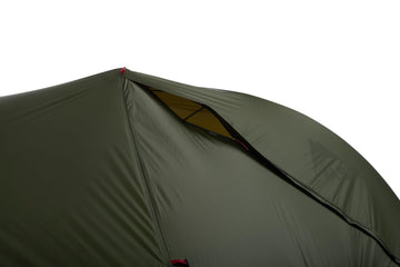 MSR Hubba Hubba Bikepack rainfly extended over stakes for dry-weather protection