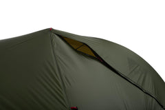 MSR Hubba Hubba Bikepack rainfly extended over stakes for dry-weather protection