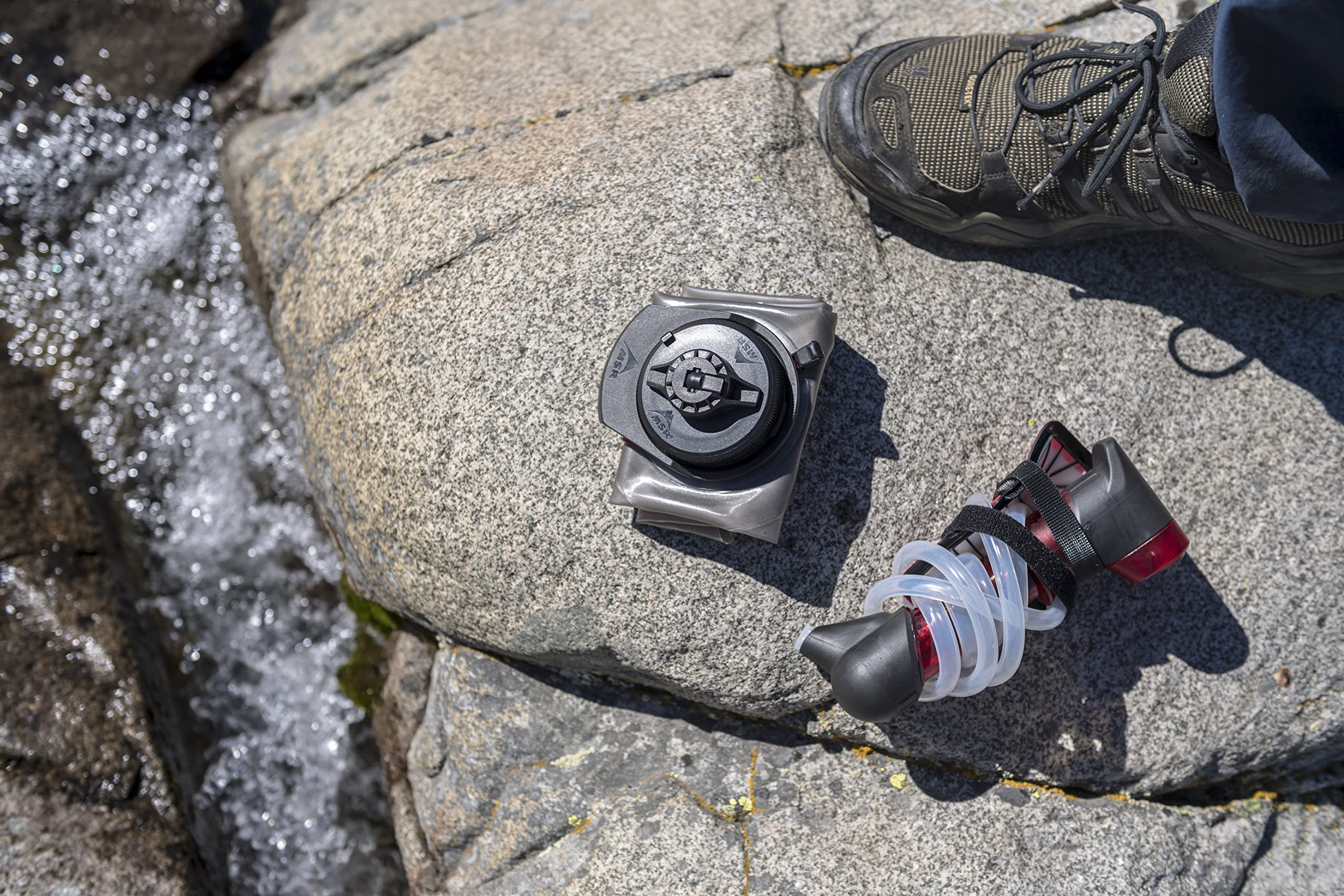 MSR HyperFlow pump-action illustrates rapid filtration in rugged terrain.