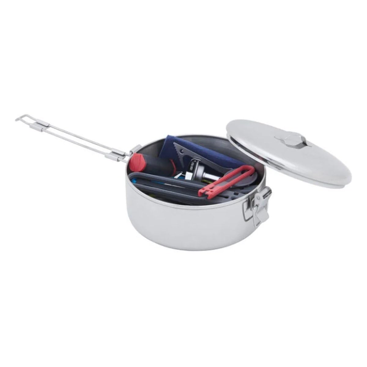MSR lid-locked-hinged-handle shows secure lid for efficient packing and cooking.