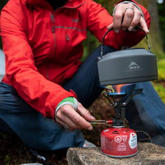 MSR Pika teapot handle-stays-up for safe, cool-handling.