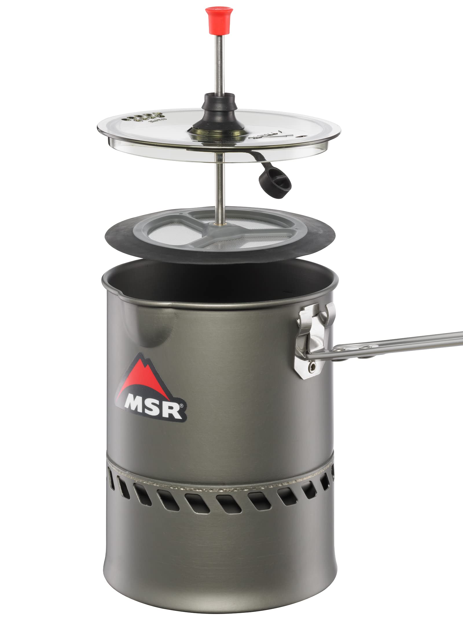 MSR Reactor coffee press adapter for 1.7L pot shows compatibility with larger backcountry stoves.