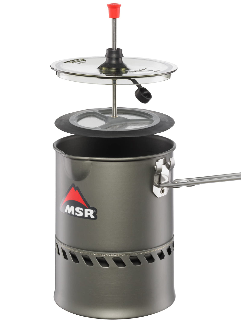 MSR Reactor coffee press adapter for 1.7L pot shows compatibility with larger backcountry stoves.