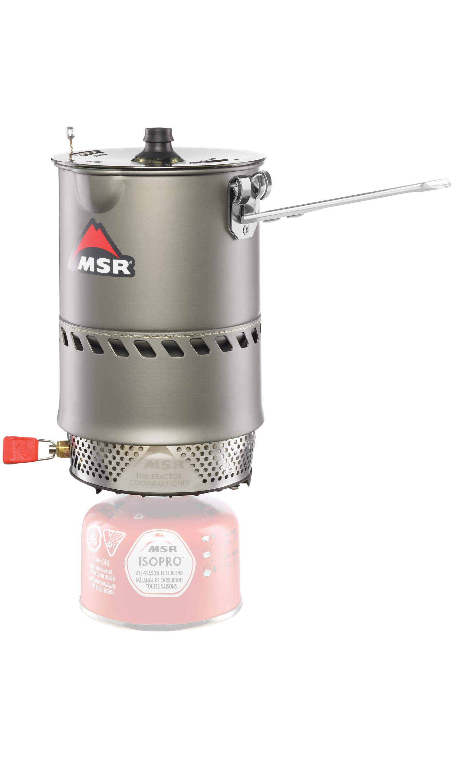 MSR Reactor windproof burner closeup highlights a durable radiant head for steady cooking.