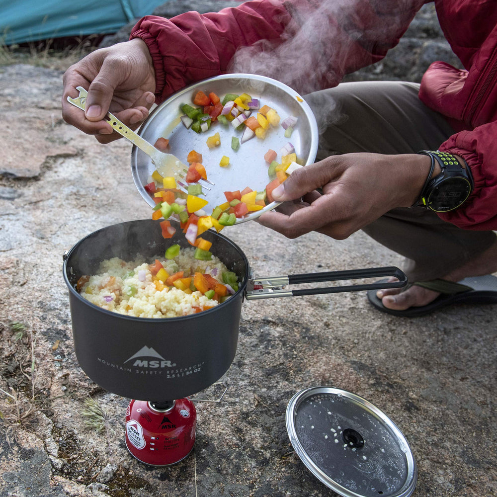 MSR Talon pot handle attached for secure, versatile cooking on trails.