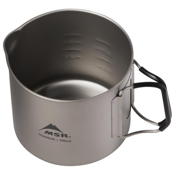 MSR Titan kettle silicone-handles folded for compact packing and comfort.