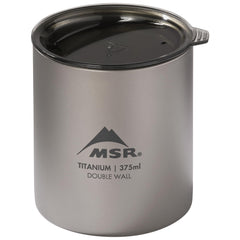 MSR Titan ultralight camp mug with lid in top view highlights compact backcountry coffee cup.