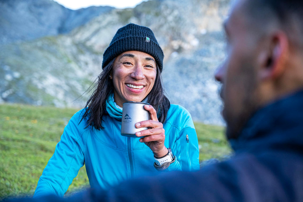 MSR Titan ultralight mug with coffee in cup ideal morning brew on trail.