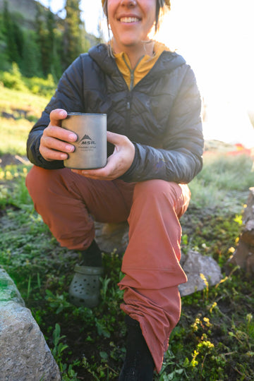 MSR Titan titanium mug close-up finish highlights corrosion resistance and sleek glow.