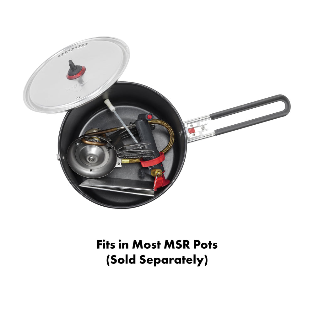 MSR WhisperLite International shown with stainless steel legs for stable, lightweight cooking.