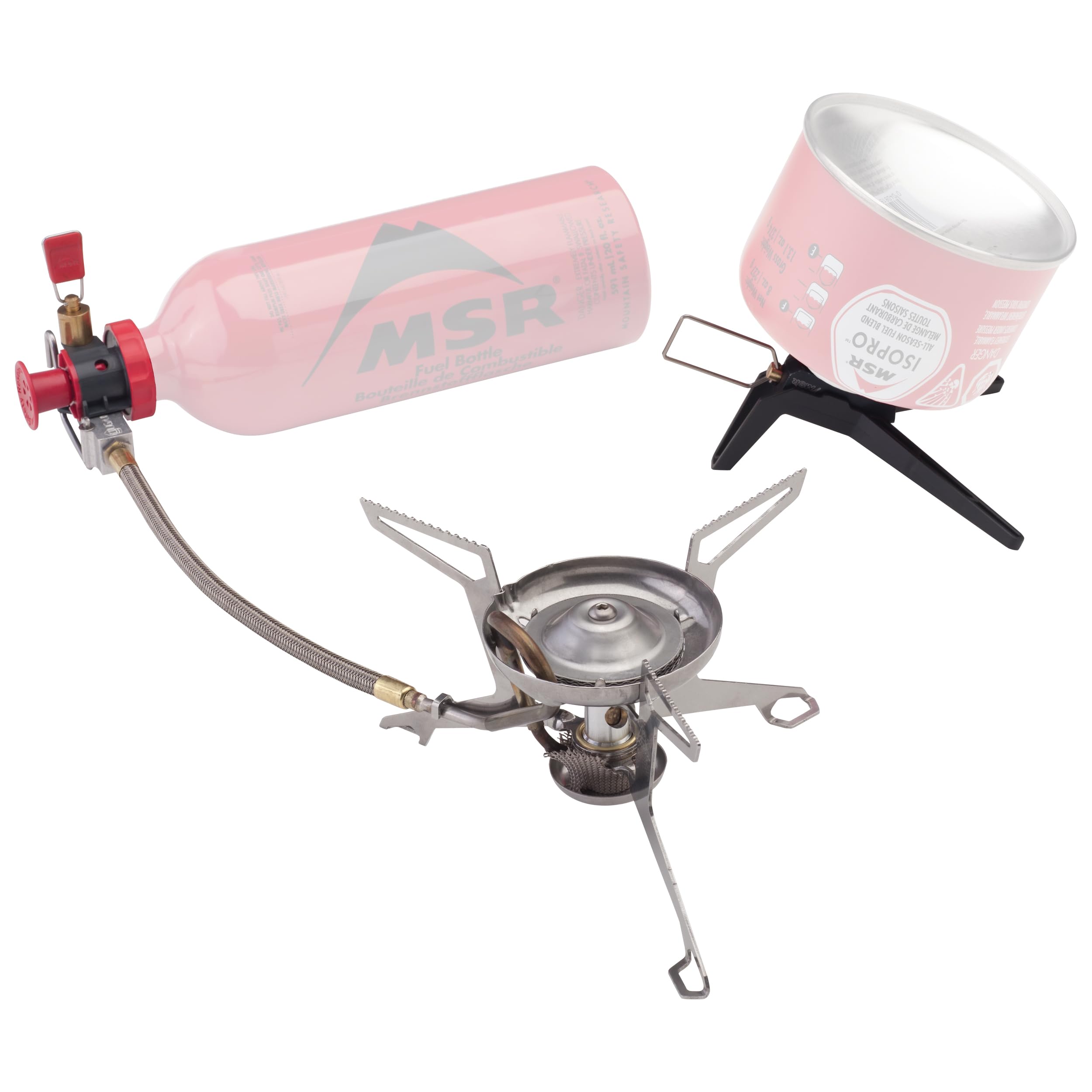 MSR WhisperLite Universal stove packed case demonstrates ultralight portability for backcountry trips