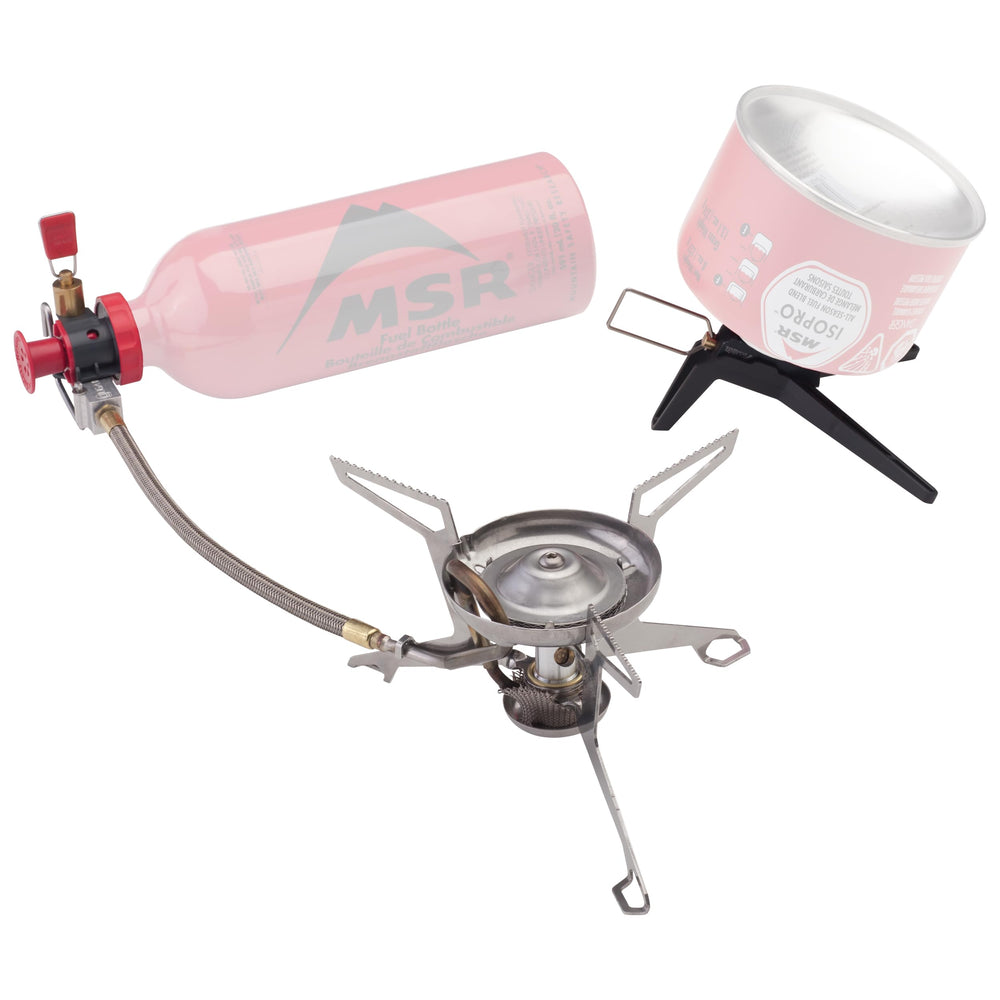 MSR WhisperLite Universal stove packed case demonstrates ultralight portability for backcountry trips