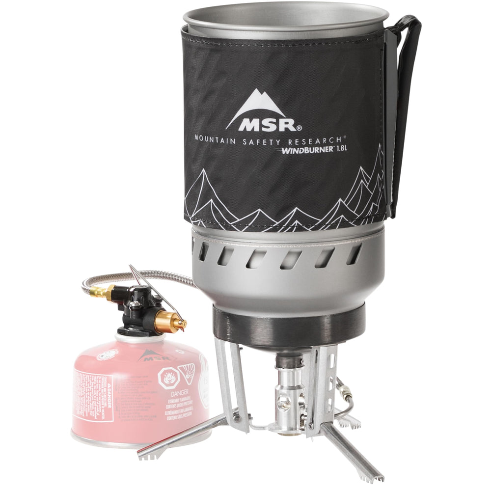 MSR WindBurner Duo stove with remote canister design for stable cooking outdoors.
