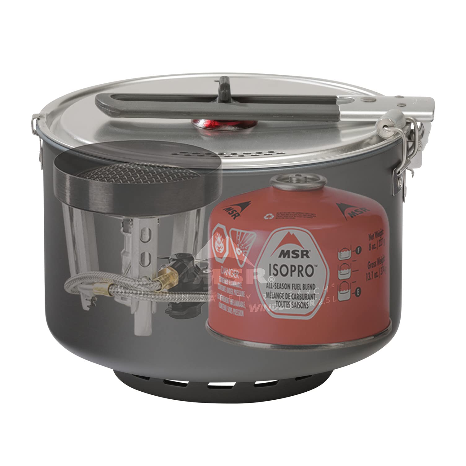 MSR WindBurner Windproof burner maintains steady boil in gusty backcountry conditions.