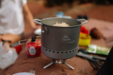 MSR WindBurner gray stock pot ready for chili or rice at camp