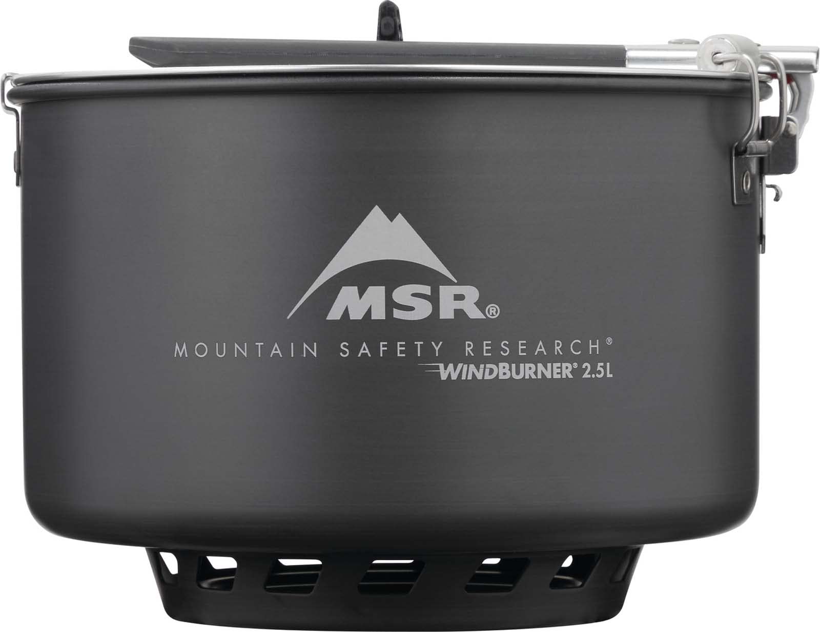 MSR WindBurner strainer lid lock secures pouring during camp cooking.