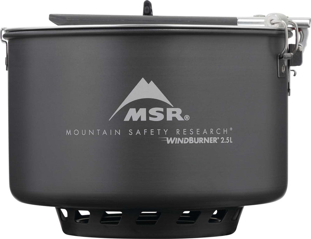MSR WindBurner strainer lid lock secures pouring during camp cooking.