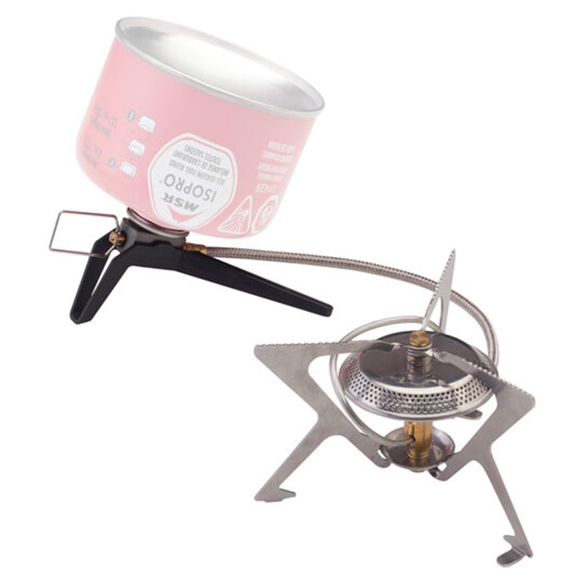 MSR WindPro II stove with remote burner for wind-resistant cooking.