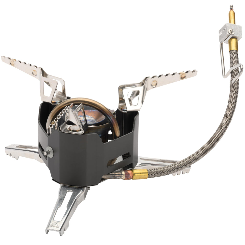 MSR XGK-EX retractable-legs provide stable cooking with larger pots at altitude.
