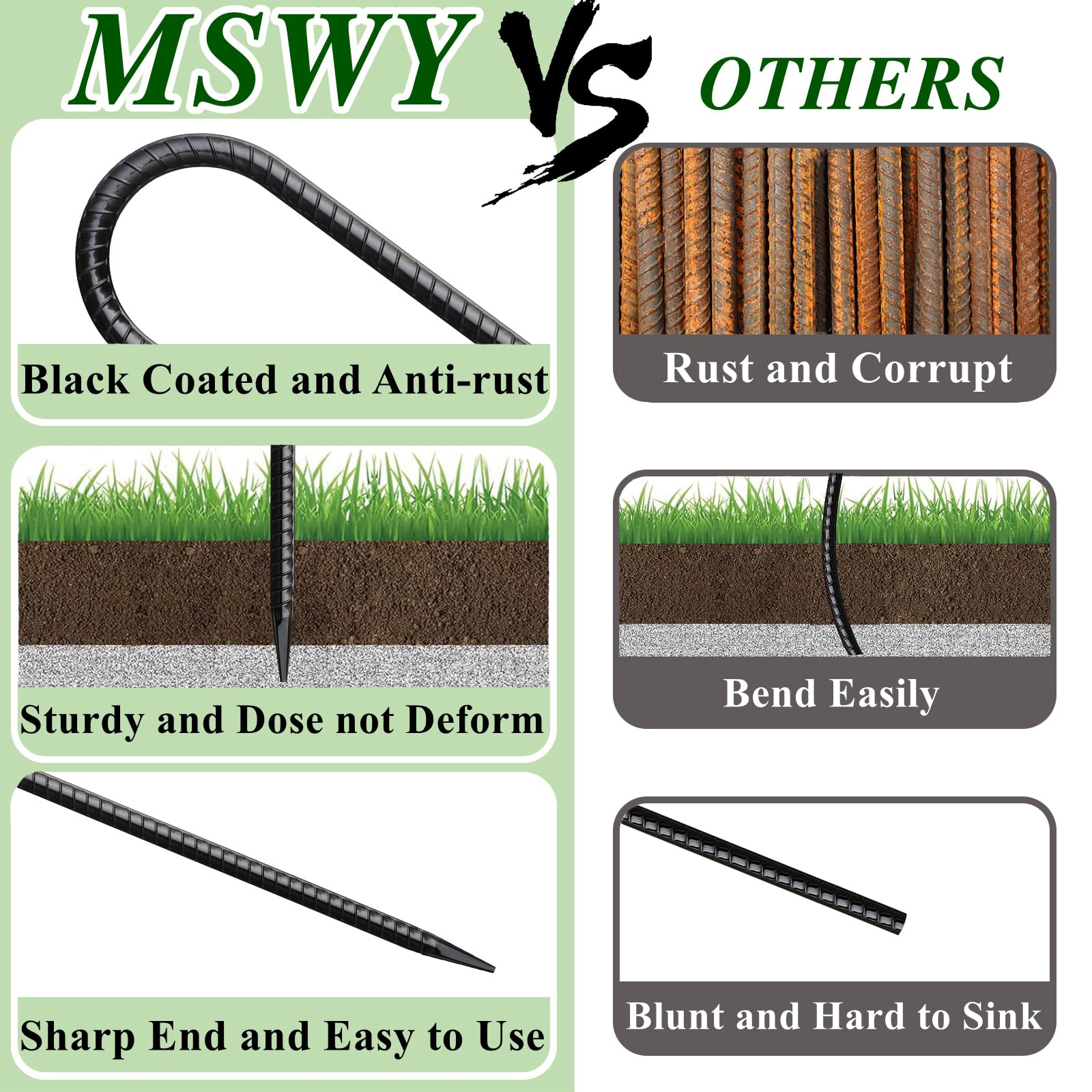 MSWY sharp point stakes enable easy soil insertion in dirt, grass, or sand