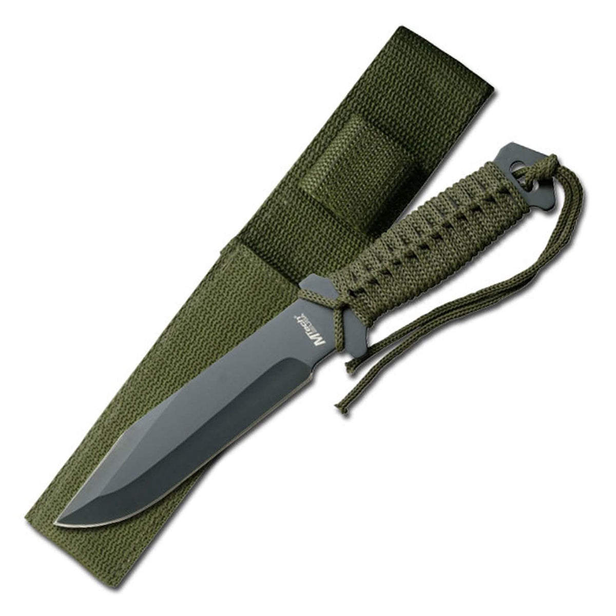 MTech MT-528C fixed blade knife with black stainless blade and green cord wrap