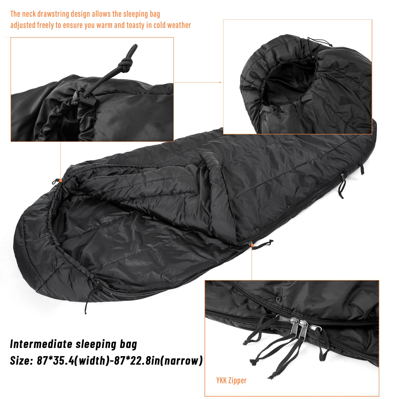 MT Army intermediate sleeping bag filling highlights Polarguard insulation and loft.