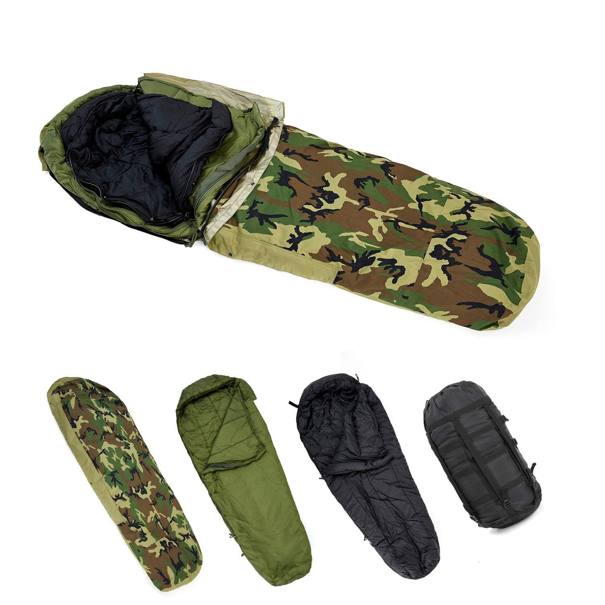 MT Army modular sleeping bag system in woodland camouflage for adaptable all-season use.