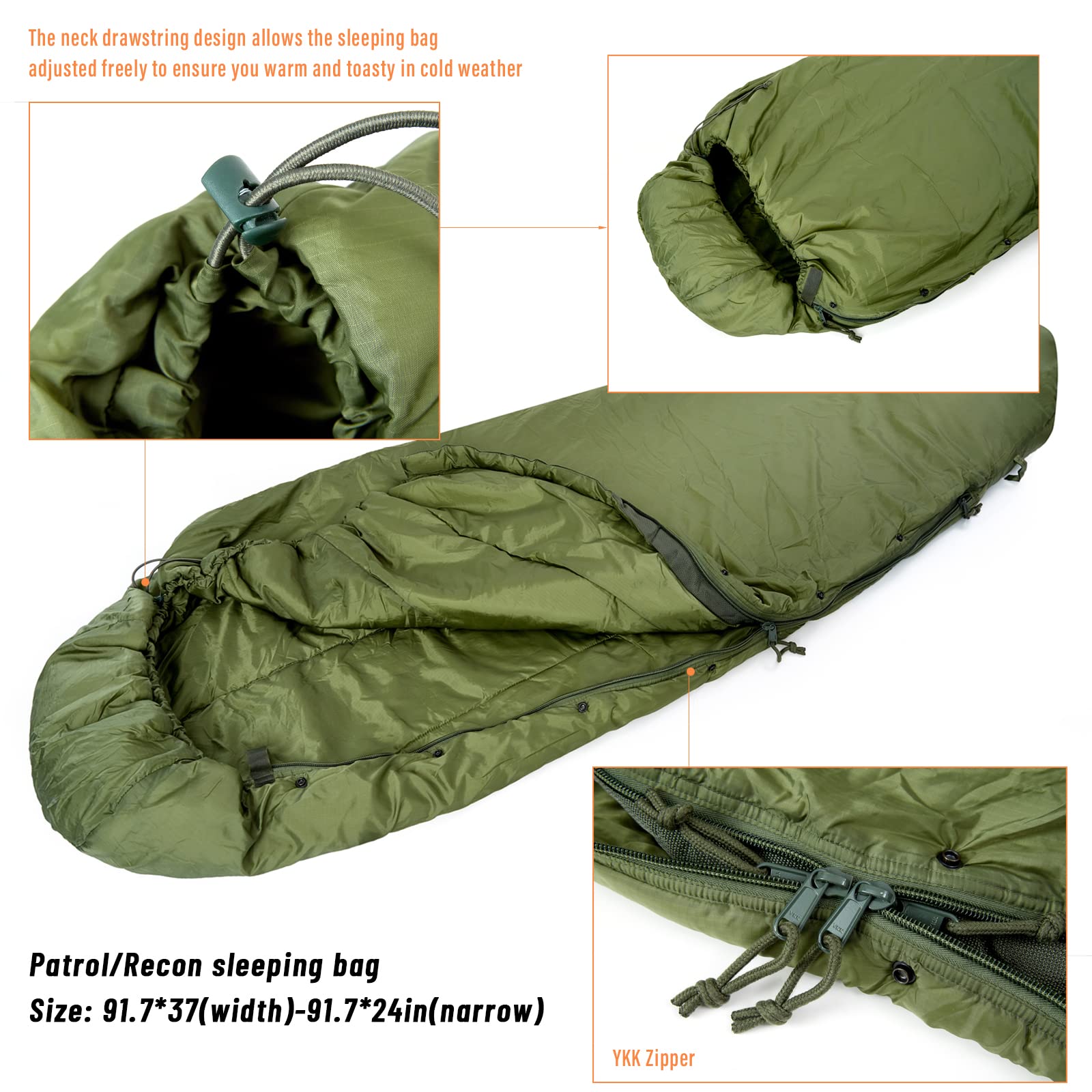 MT Army patrol sleeping bag with YKK zipper demonstrates durable closure.
