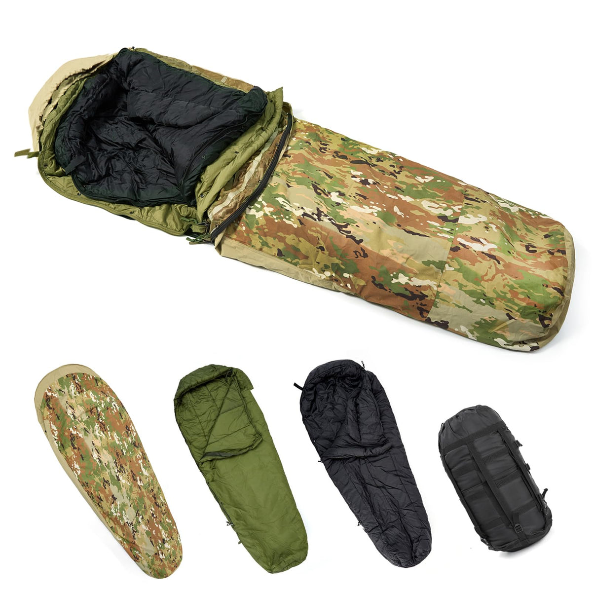 MT Army sleeping bag system with bivy cover protects against wind and rain in rugged outdoor settings.