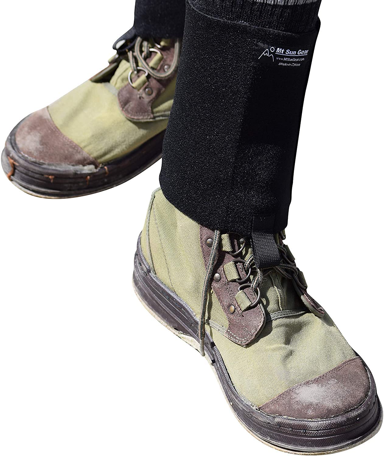 Mt. Sun Gear gravel guard hook-loop adjustment demonstrates secure wrap around boot laces.