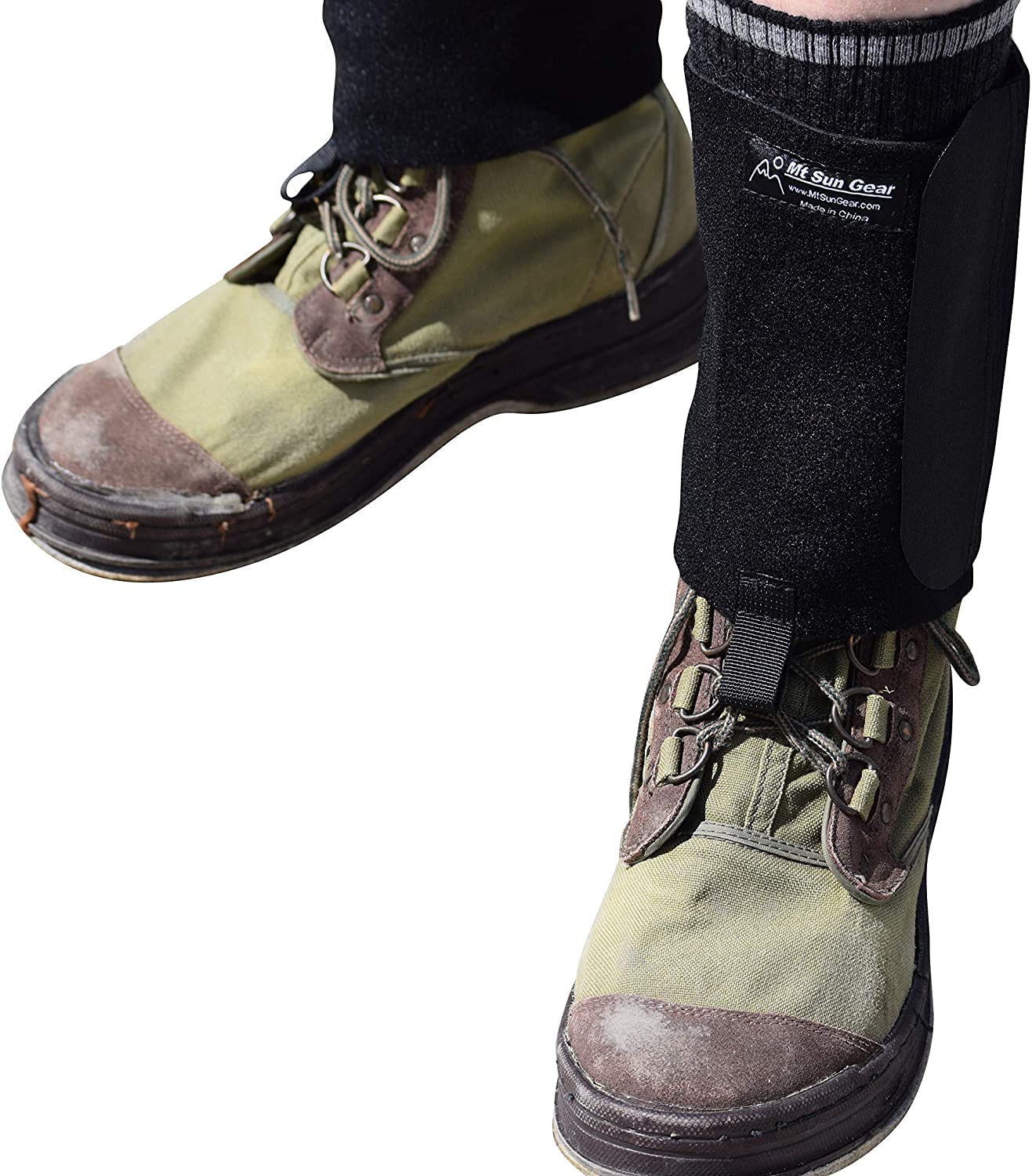 Mt. Sun Gear gravel guard on the left boot wrap protects wading gear from sand and debris.