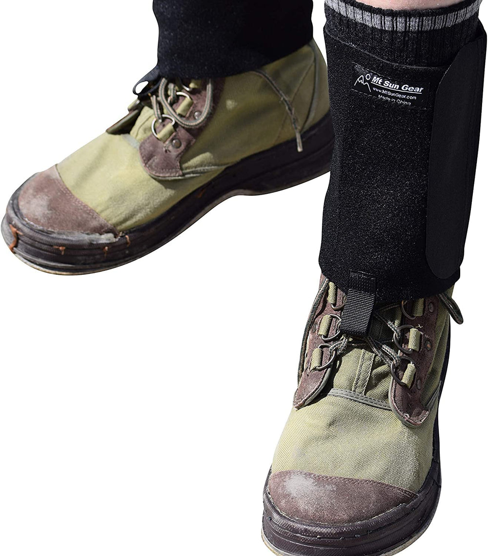 Mt. Sun Gear gravel guard on the left boot wrap protects wading gear from sand and debris.