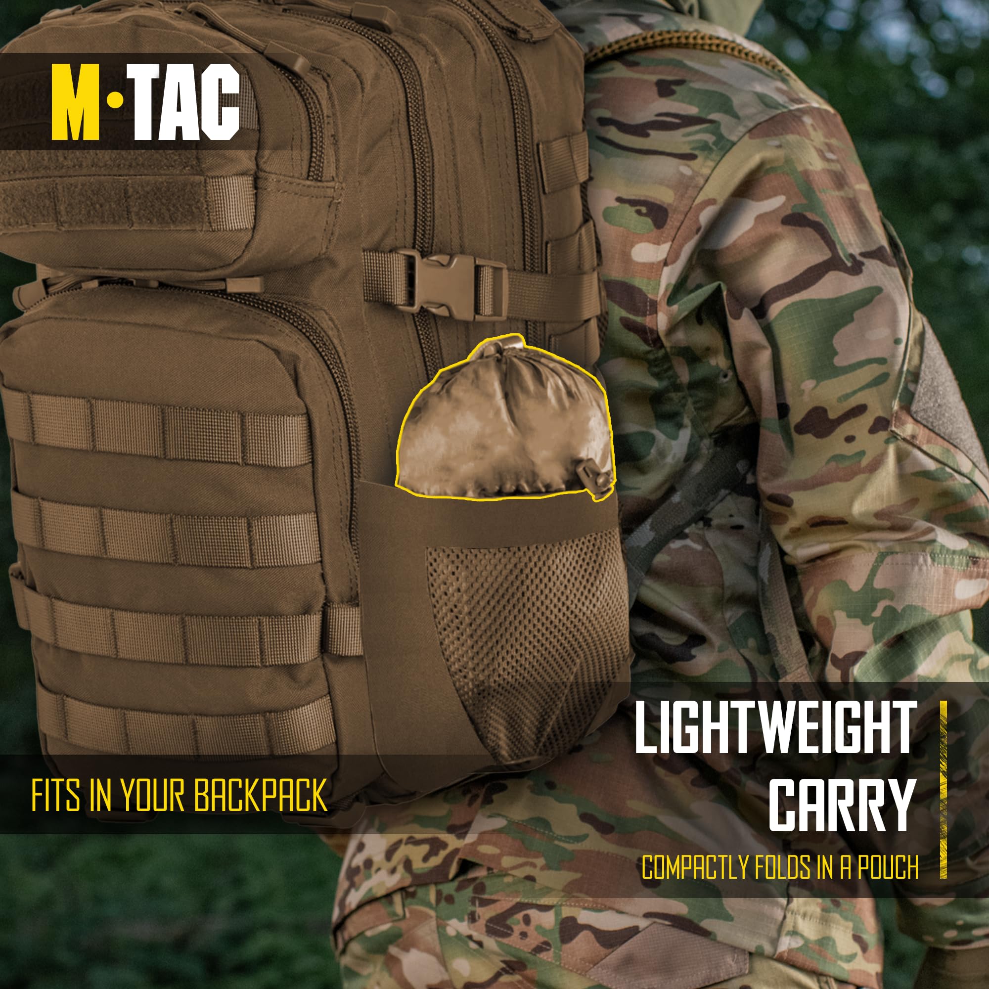 M-Tac tactical rain poncho covers a bag quickly, protecting belongings