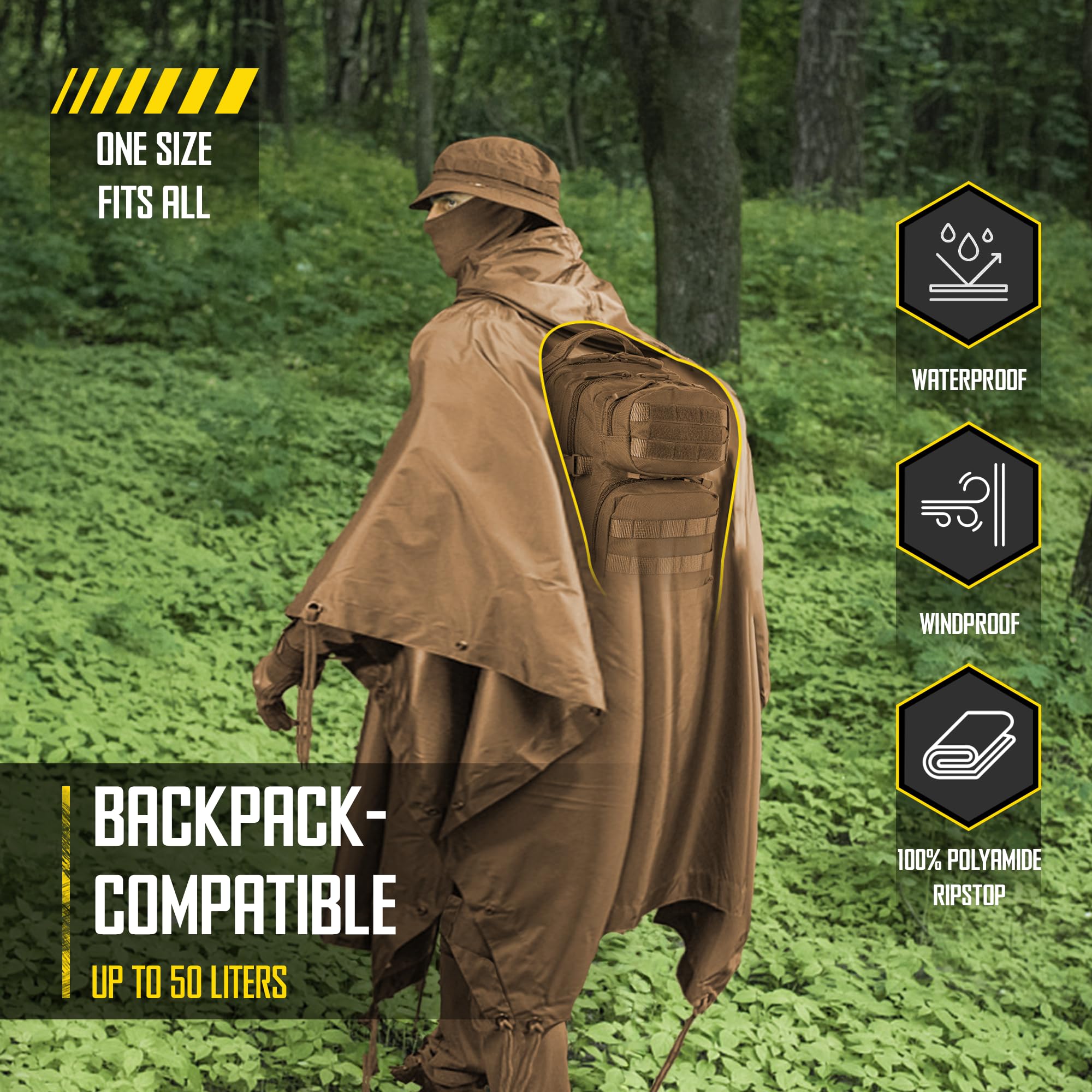 M-Tac tactical rain poncho grommet edges enable fast attachment to gear