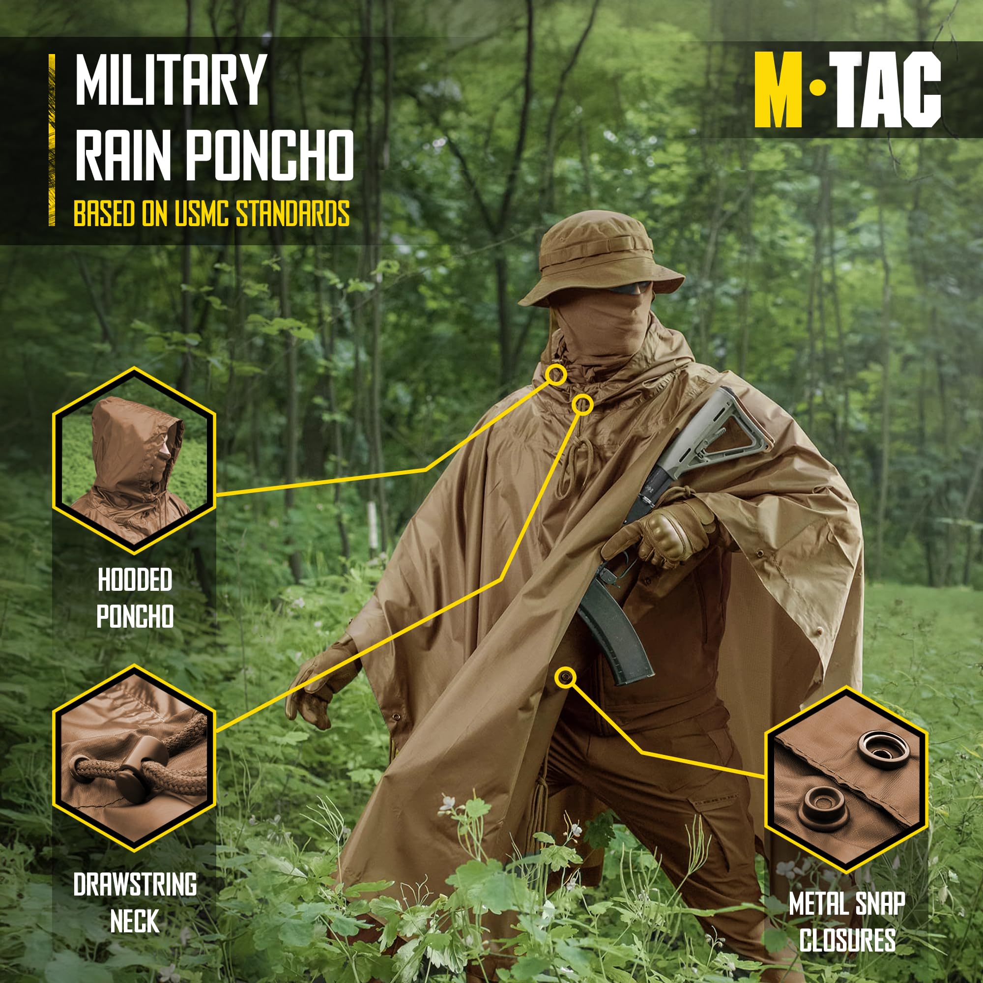 M-Tac tactical rain poncho hooded design provides adjustable coverage in wet weather