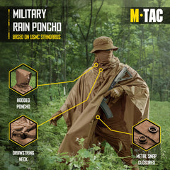 M-Tac tactical rain poncho hooded design provides adjustable coverage in wet weather