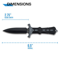 Neck knife showing black-grey handle and integrated guard