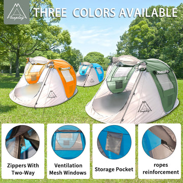 Mtenplay TENPLAY Pop Up Tent secured with wind ropes and stakes.