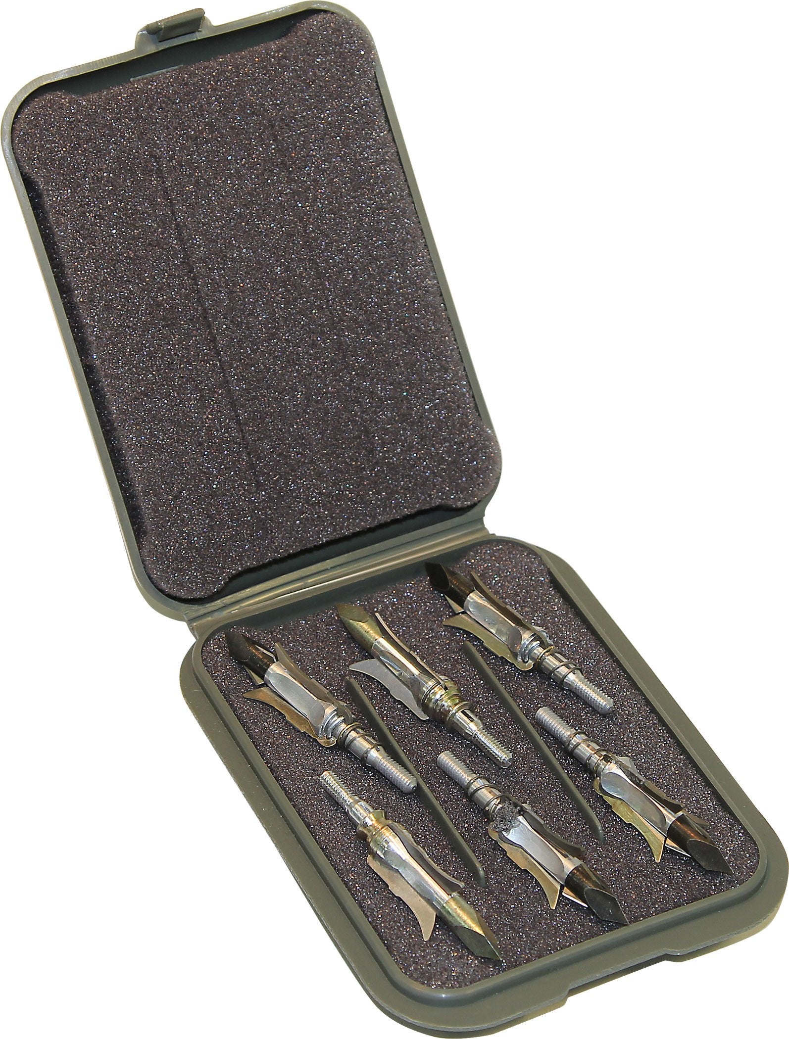 Interior view with padded foam inside for six broadheads
