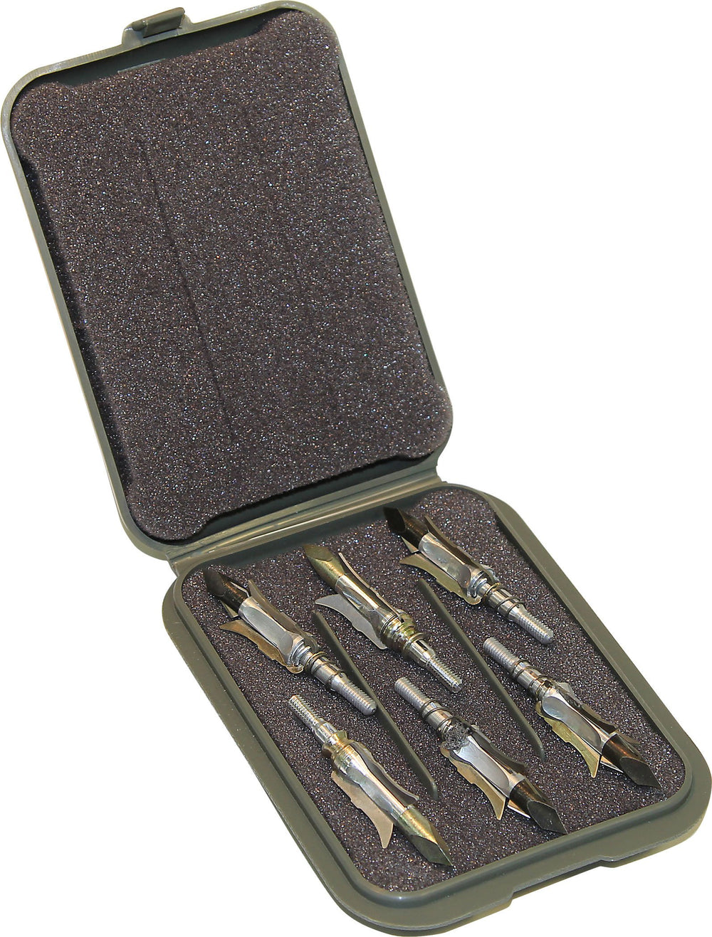 Interior view with padded foam inside for six broadheads