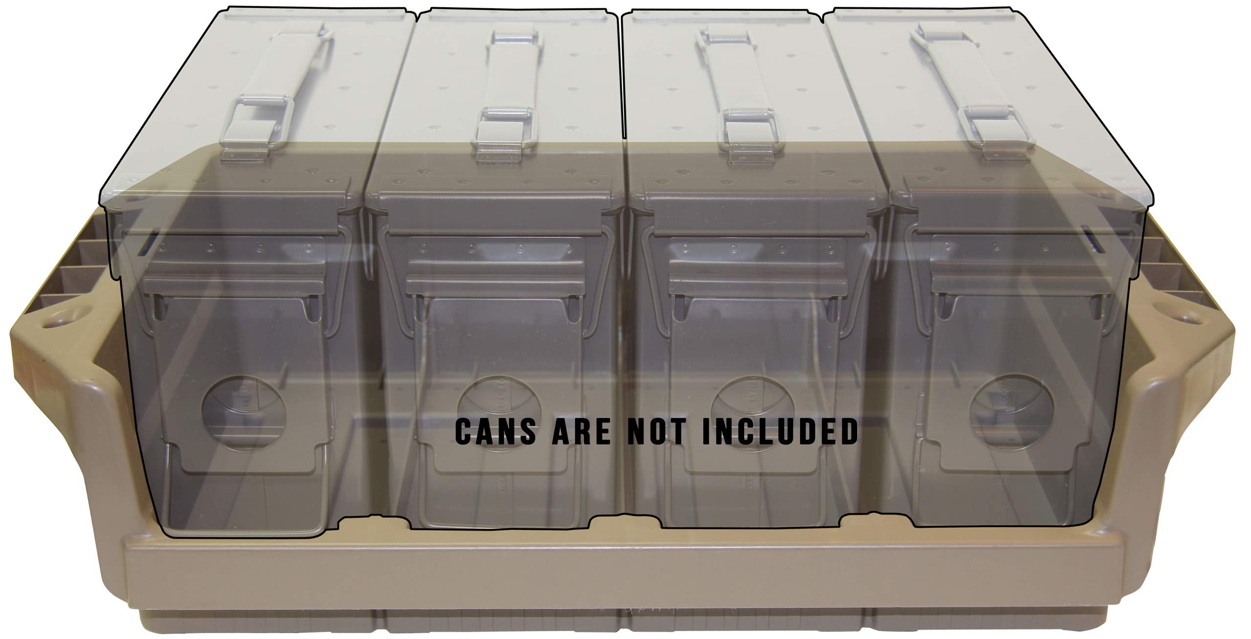 MTM MAC30 Ammo Can Tray Dark Earth holding four 30 Cal metal ammo cans.