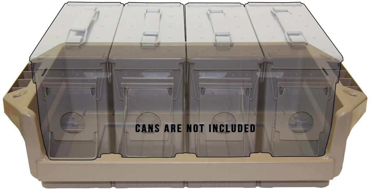 MTM MAC30 Ammo Can Tray Dark Earth holding four 30 Cal metal ammo cans.