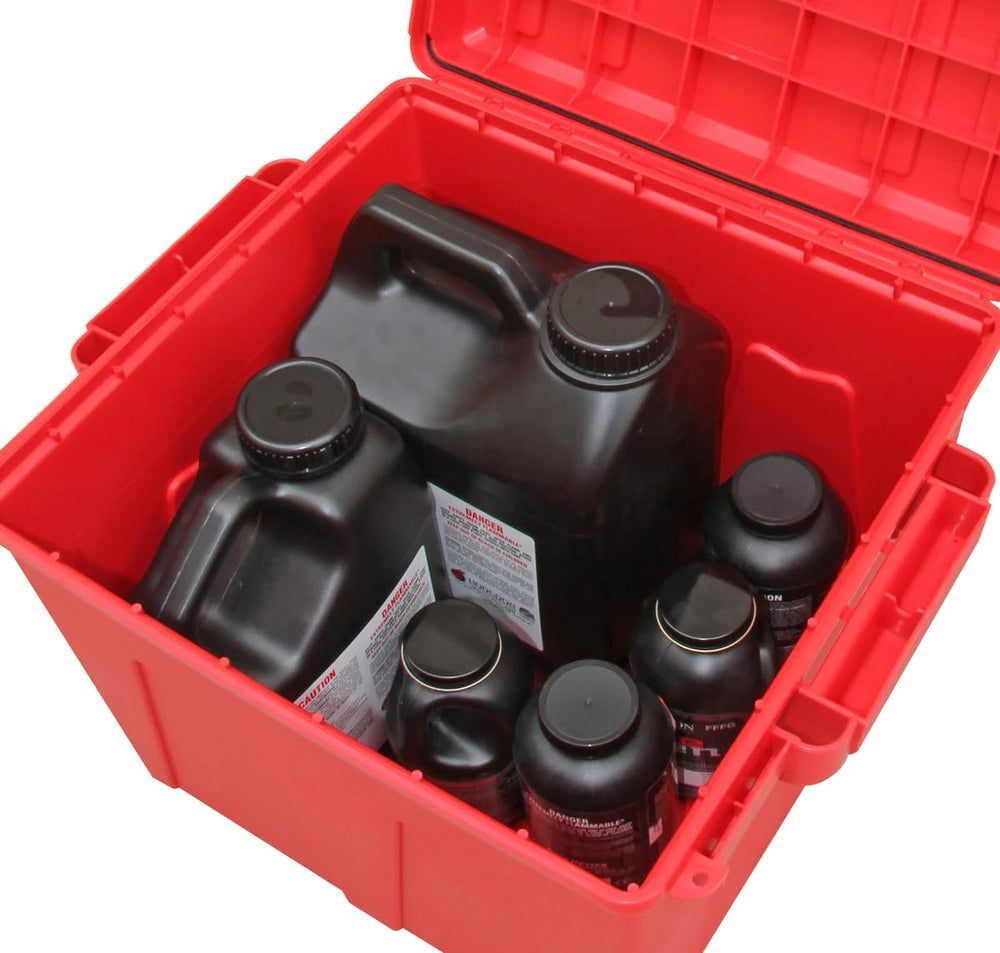 Close-up of MTM PK12 Powder Keg showing lid, O-ring seal, and handle