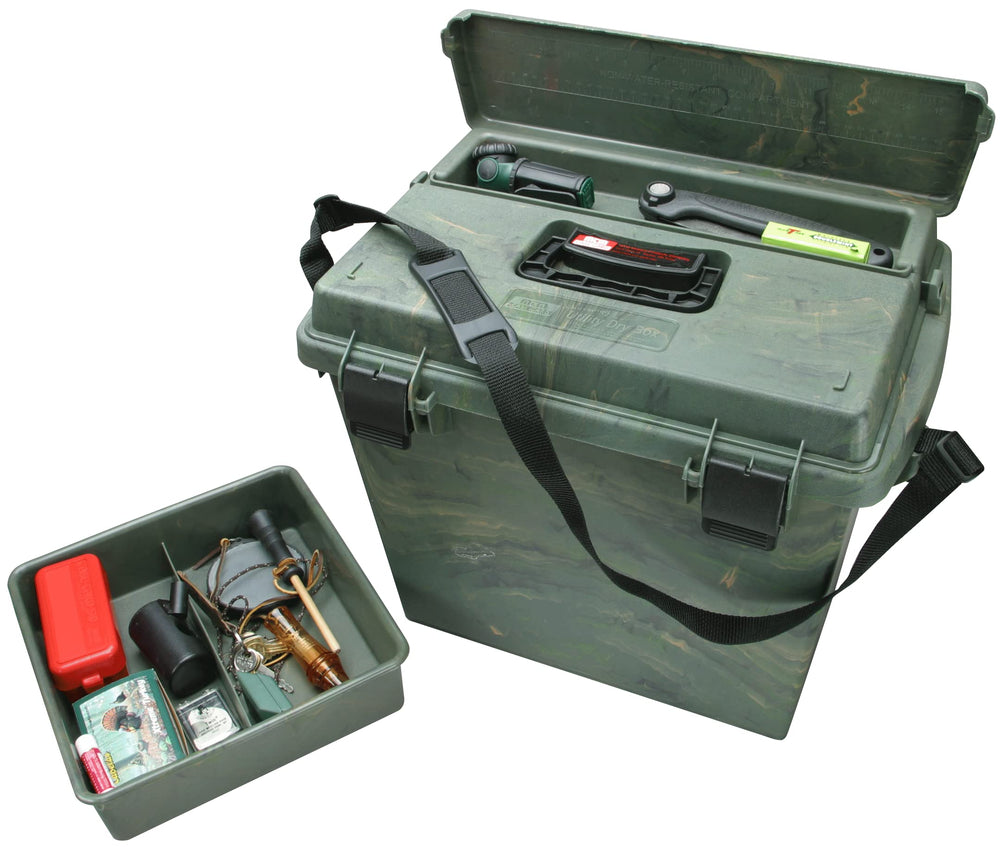 MTM Sportsmen's Plus Dry Box in wild camo exterior for rugged storage on adventures