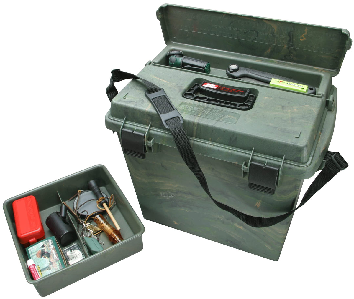 MTM Sportsmen's Plus Dry Box in wild camo exterior for rugged storage on adventures