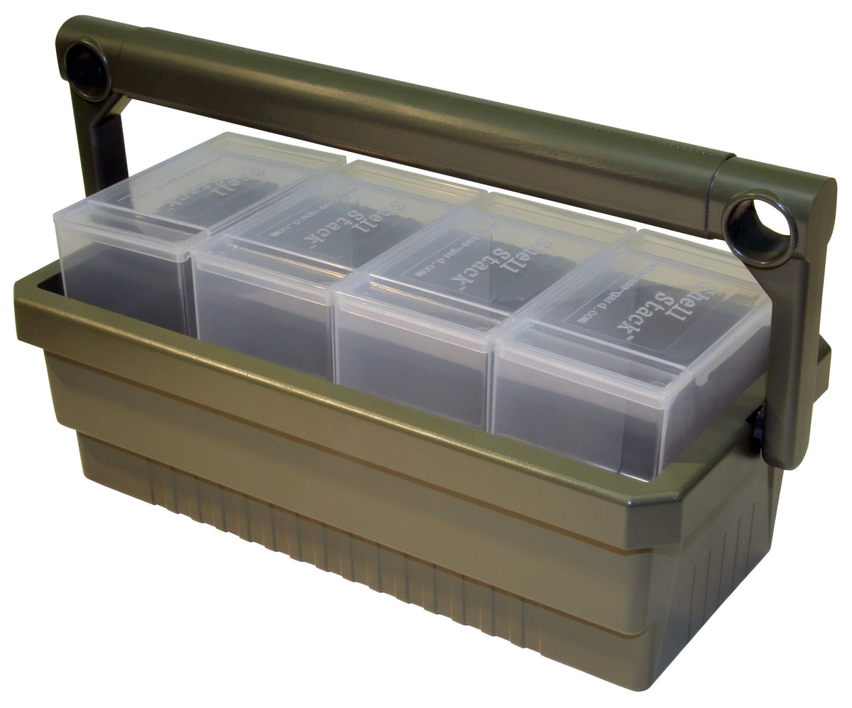 MTM SSC Shotshell Box Caddy in Army Green with four MTM Shell Stackers