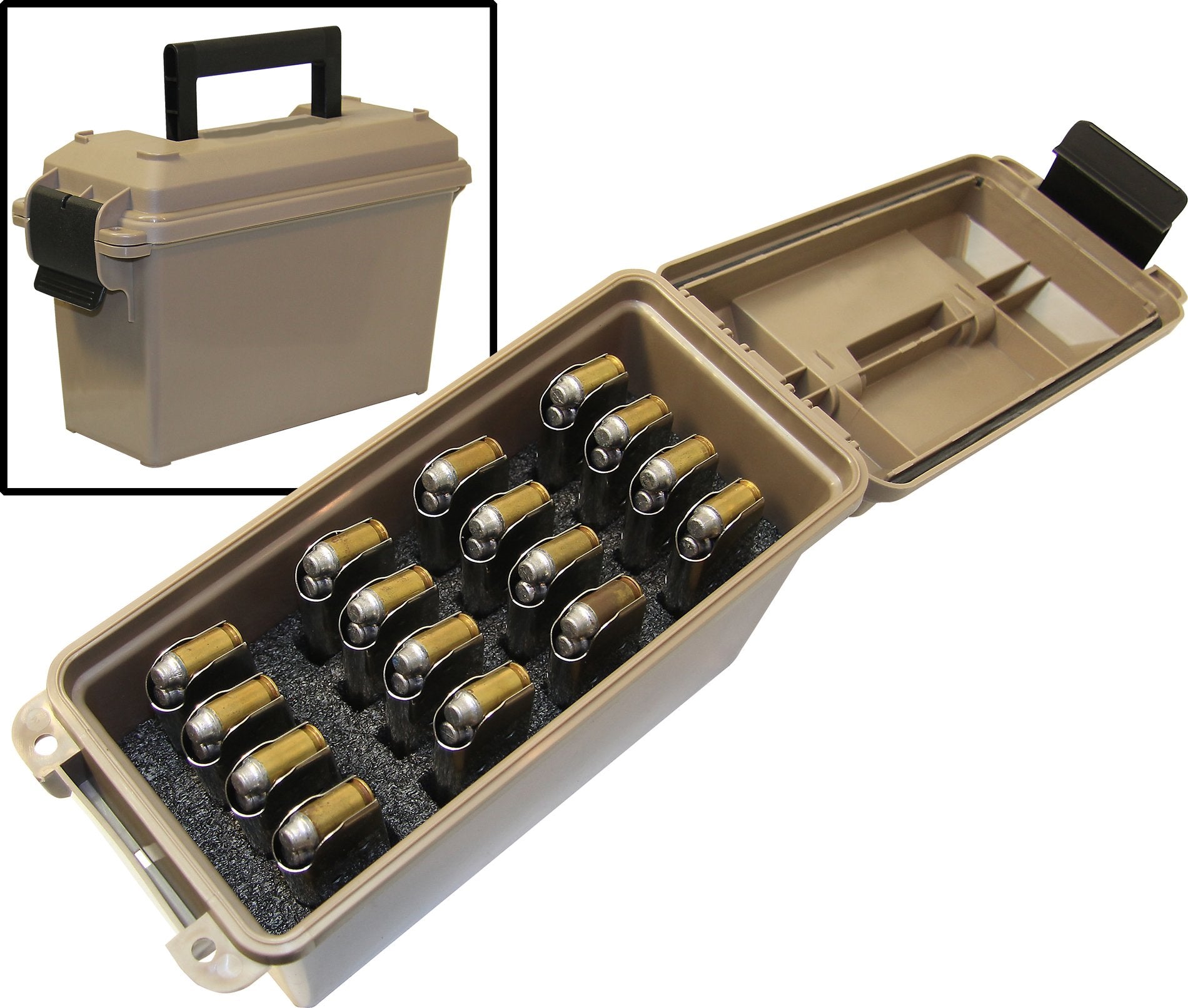 MTM TMC1911 Tactical Magazine Can in dark earth exterior with stackable design.