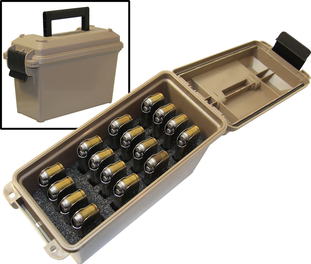 MTM TMC1911 Tactical Magazine Can in dark earth exterior with stackable design.