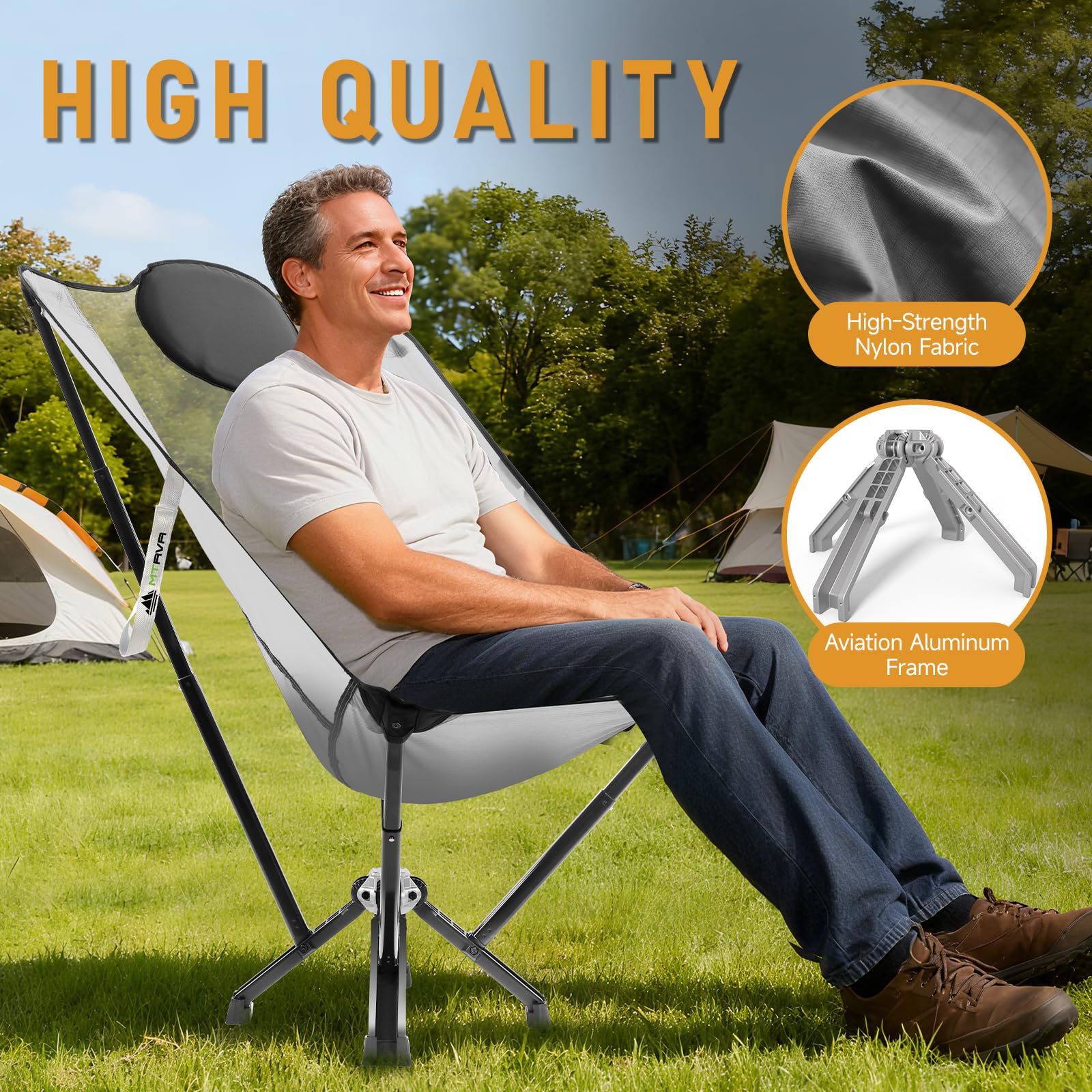 MTRVR folding portable travel chair for easy storage and transport.